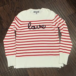 Marled-Red & White Striped- Crew Neck Sweater-"Love" Embroidered In Black- XS 🚢